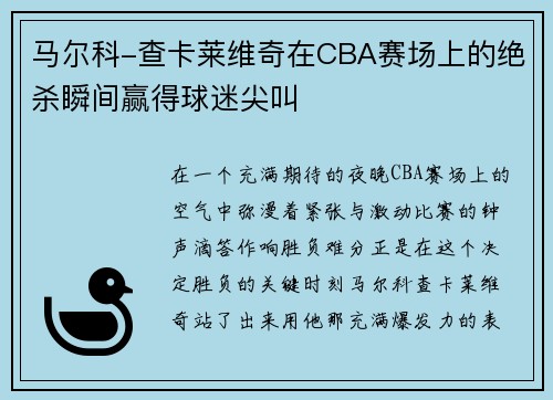 马尔科-查卡莱维奇在CBA赛场上的绝杀瞬间赢得球迷尖叫